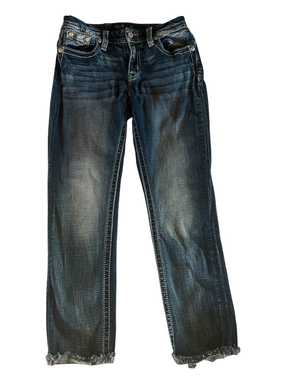 Miss Me Curvy Ankle Skinny Jeans Distressed Embellished Pockets Sz 27 Western - Picture 2 of 9